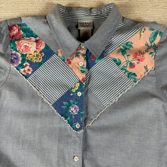Vintage Napa Valley Womens 2X Button-Up Denim Top Patchwork Cottagecore Dainty - Picture 6 of 13